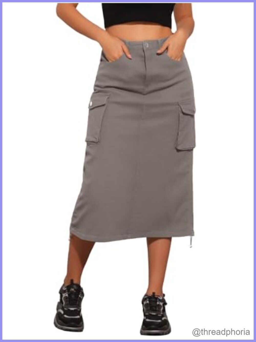Cargo Denim Midi Skirt High Waisted A-Line Drawstring Utility Jean